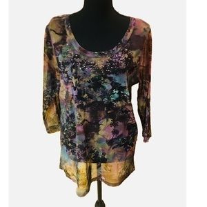 Floral Tunic Brown and Blue By Susan Graver, Long loose Sleeves, Size XS NWOT